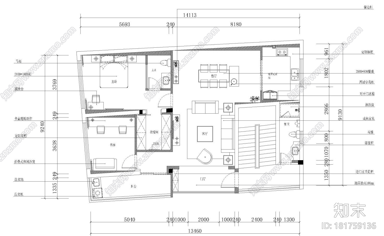 现代简约风格120㎡2室2厅2卫施工图+效果图cad施工图下载【ID:181759136】