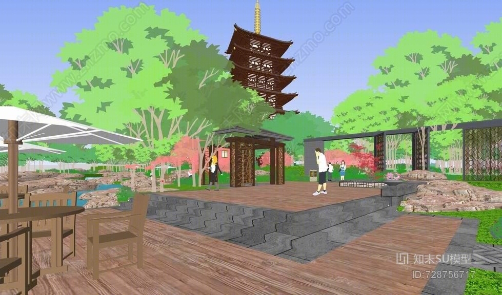 七重塔+公园景观SU模型下载【ID:728756717】