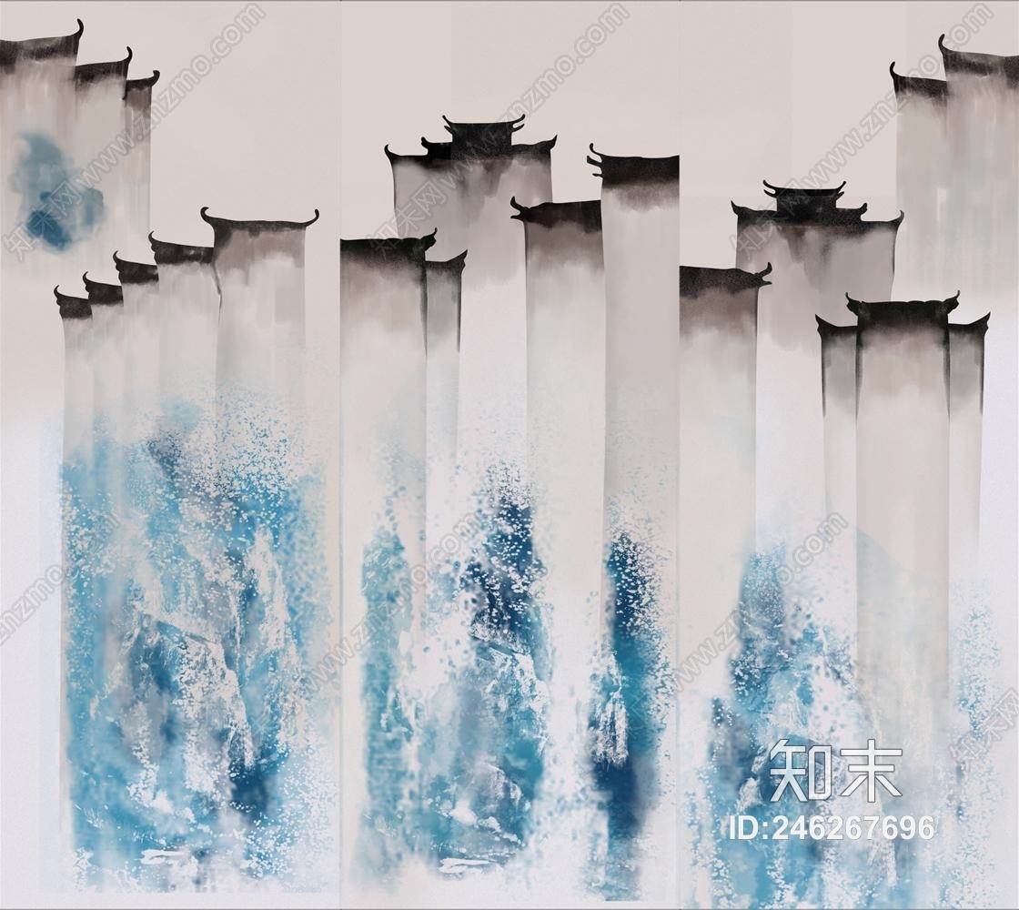新中式山水风景徽派建筑壁画贴图下载【ID:246267696】