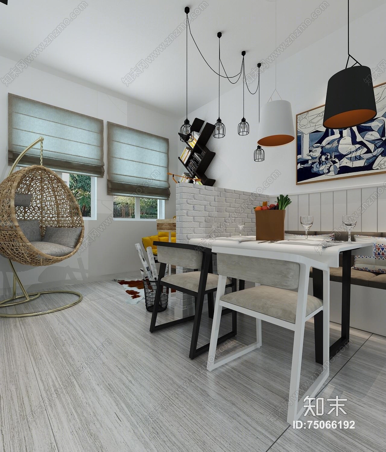 北欧客餐厅厨房书房整体模型3D模型下载【ID:75066192】