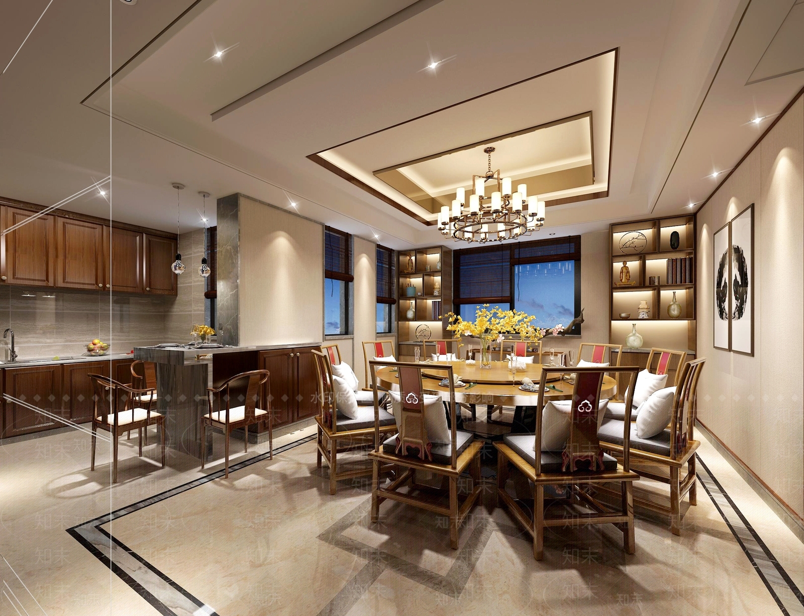 新中式餐厅吊灯餐桌椅水果装饰柜挂画吧台3D模型下载【ID:832189619】