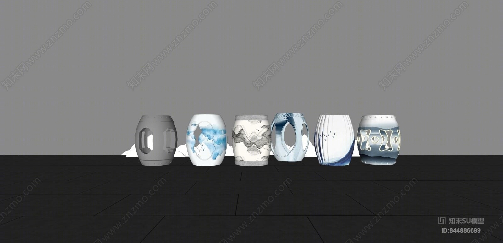 新中式青花瓷鼓凳SU模型下载【ID:844886699】