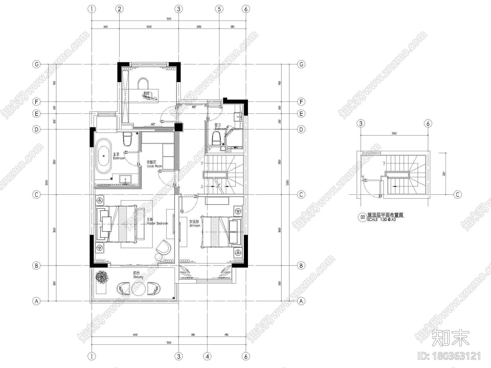 [无锡]金茂府182㎡三居上叠叠墅样板间图纸cad施工图下载【ID:180363121】
