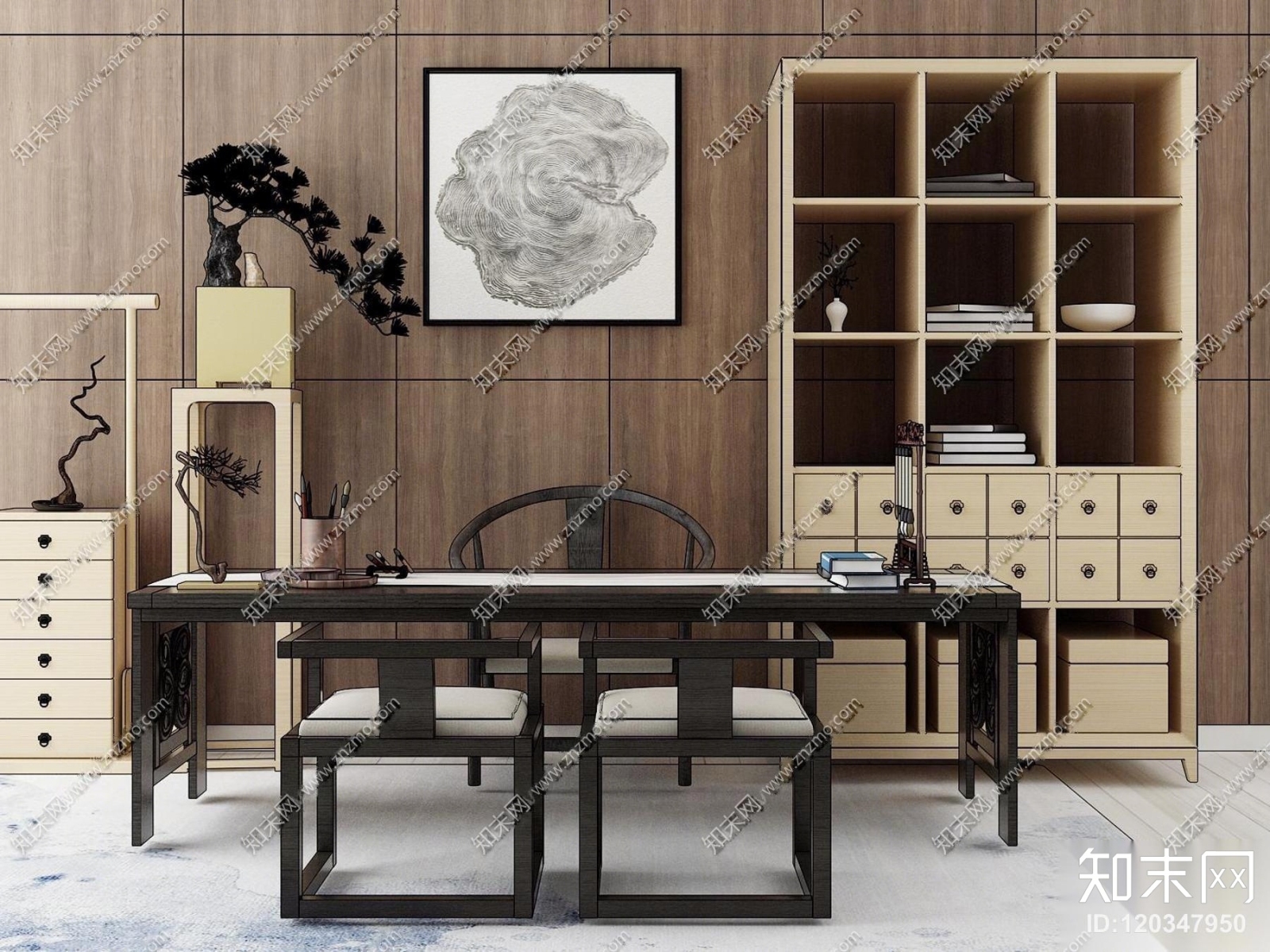 新中式书桌椅书柜盆栽组合3D模型下载【ID:120347950】