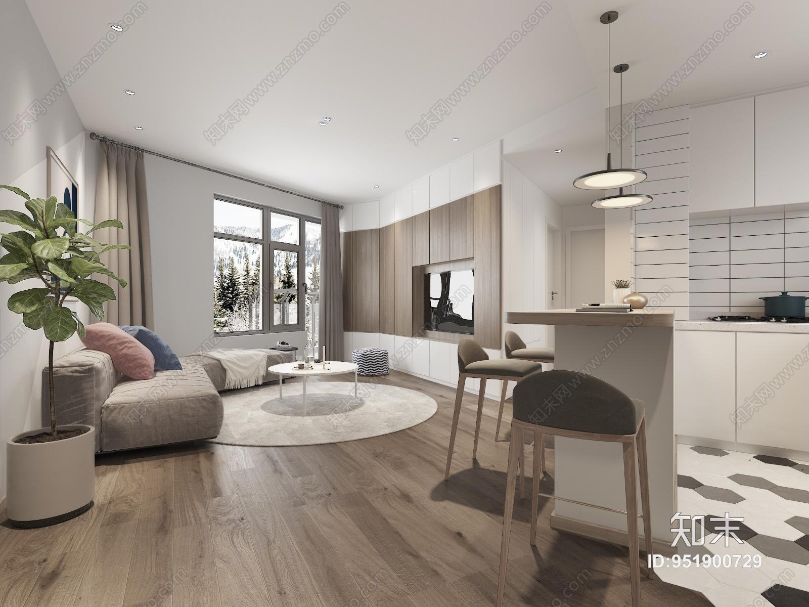 北欧客厅厨房3D模型下载【ID:951900729】