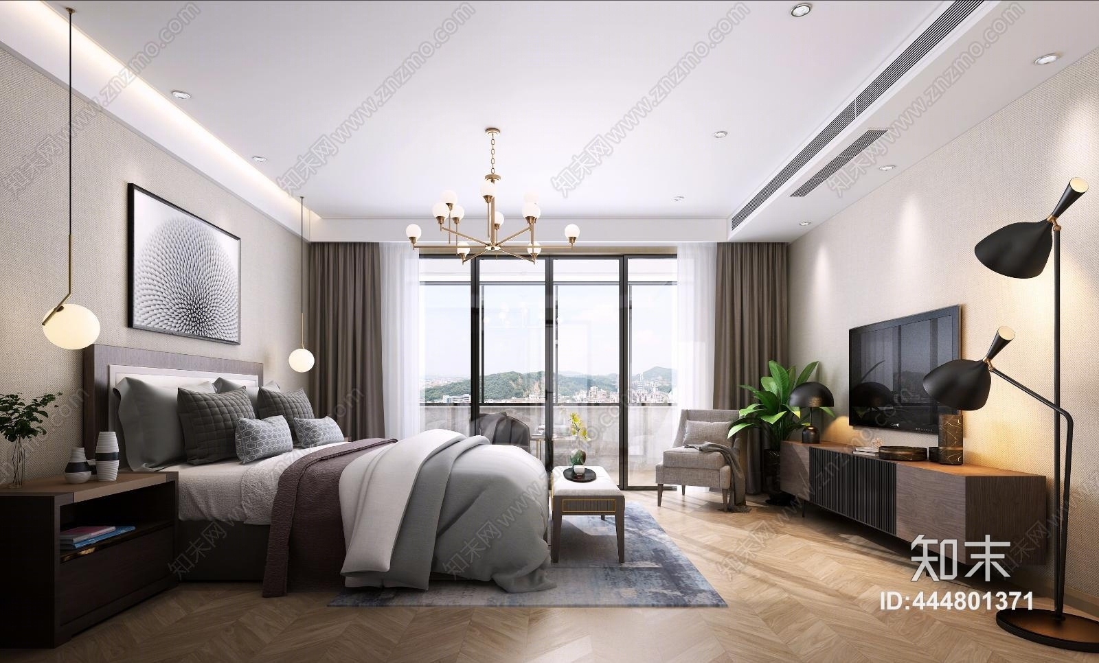 现代卧室双人床吊灯床头柜电视柜3D模型下载【ID:444801371】