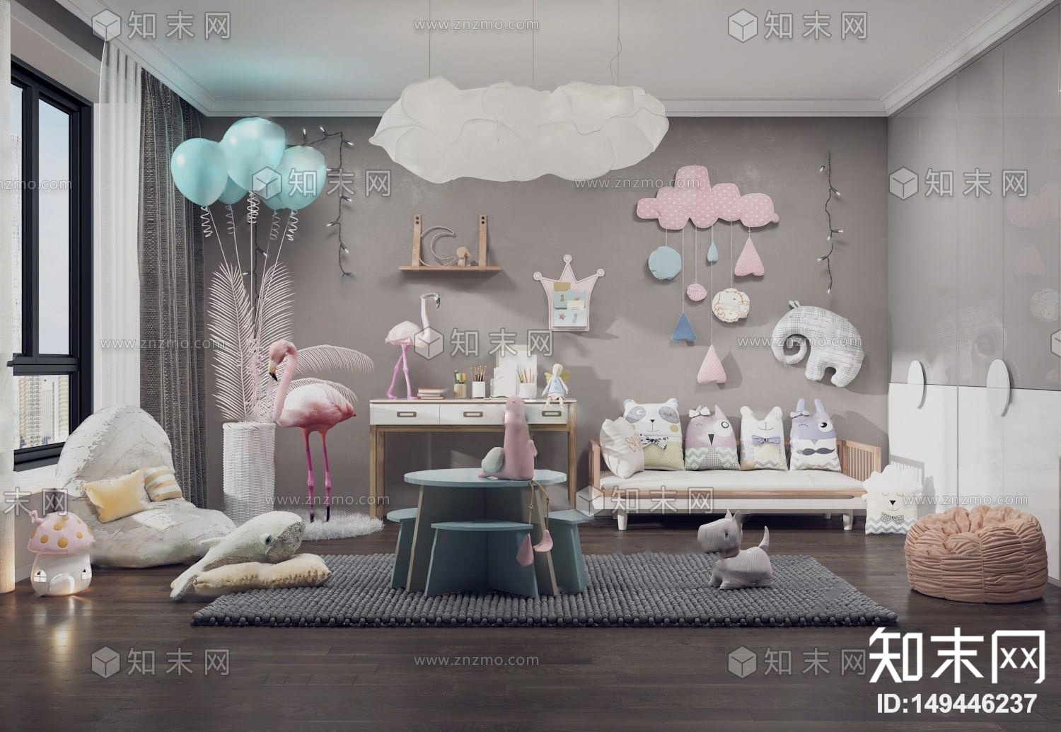 北欧粉色公主女孩房3D模型下载【ID:149446237】