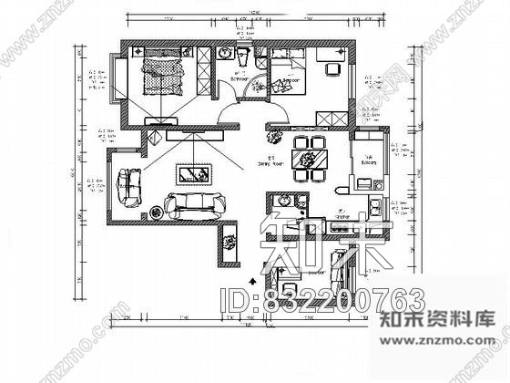 图块/节点现代三居室平面布置图cad施工图下载【ID:832200763】