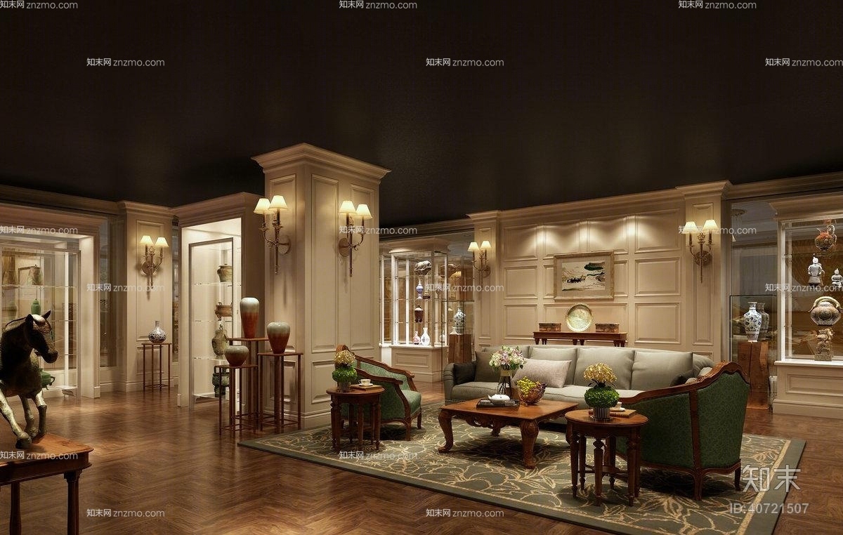 传统美式绿色布艺椅子茶几组合3D模型下载【ID:40721507】