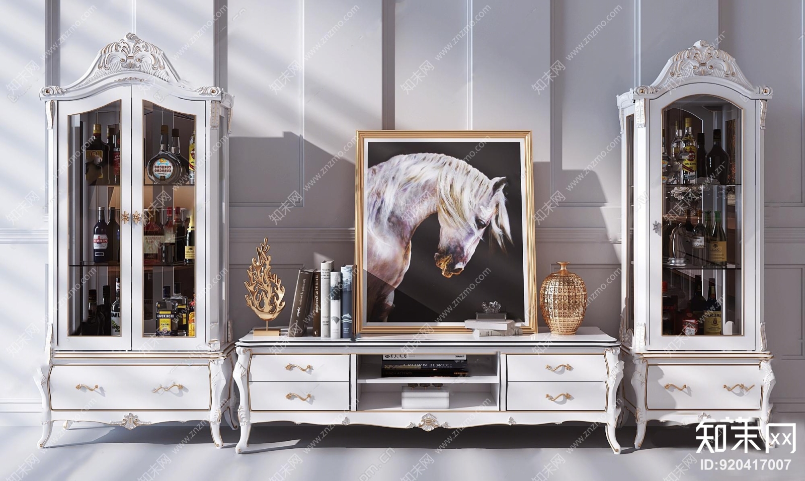 欧式电视柜酒柜摆件组合3D模型下载【ID:920417007】