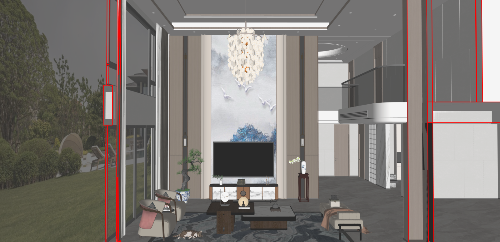 新中式别墅客厅SU模型下载【ID:1215985046】