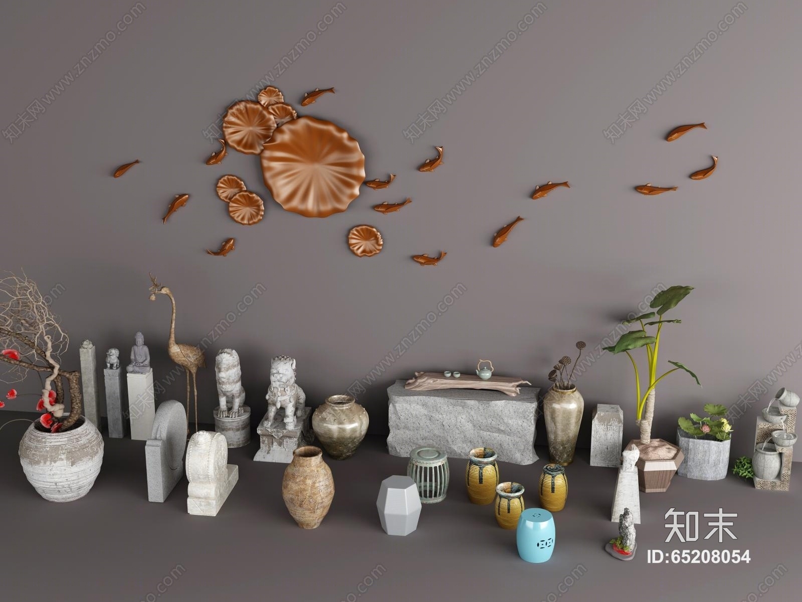 中式陶瓷花瓶雕塑盆栽摆件组合3D模型下载【ID:65208054】