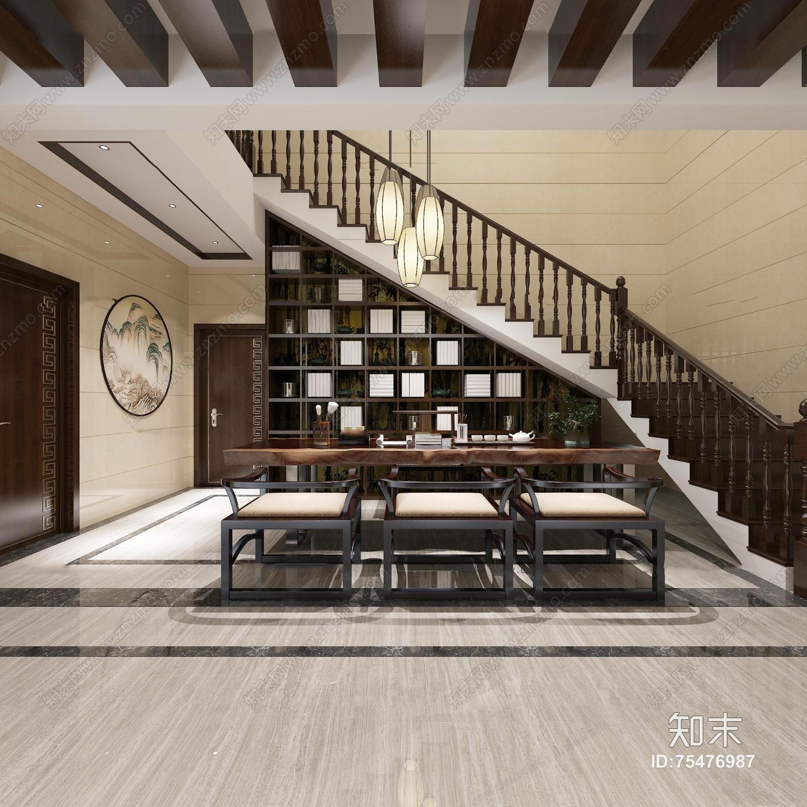 新中式别墅客厅书房3D模型下载【ID:75476987】