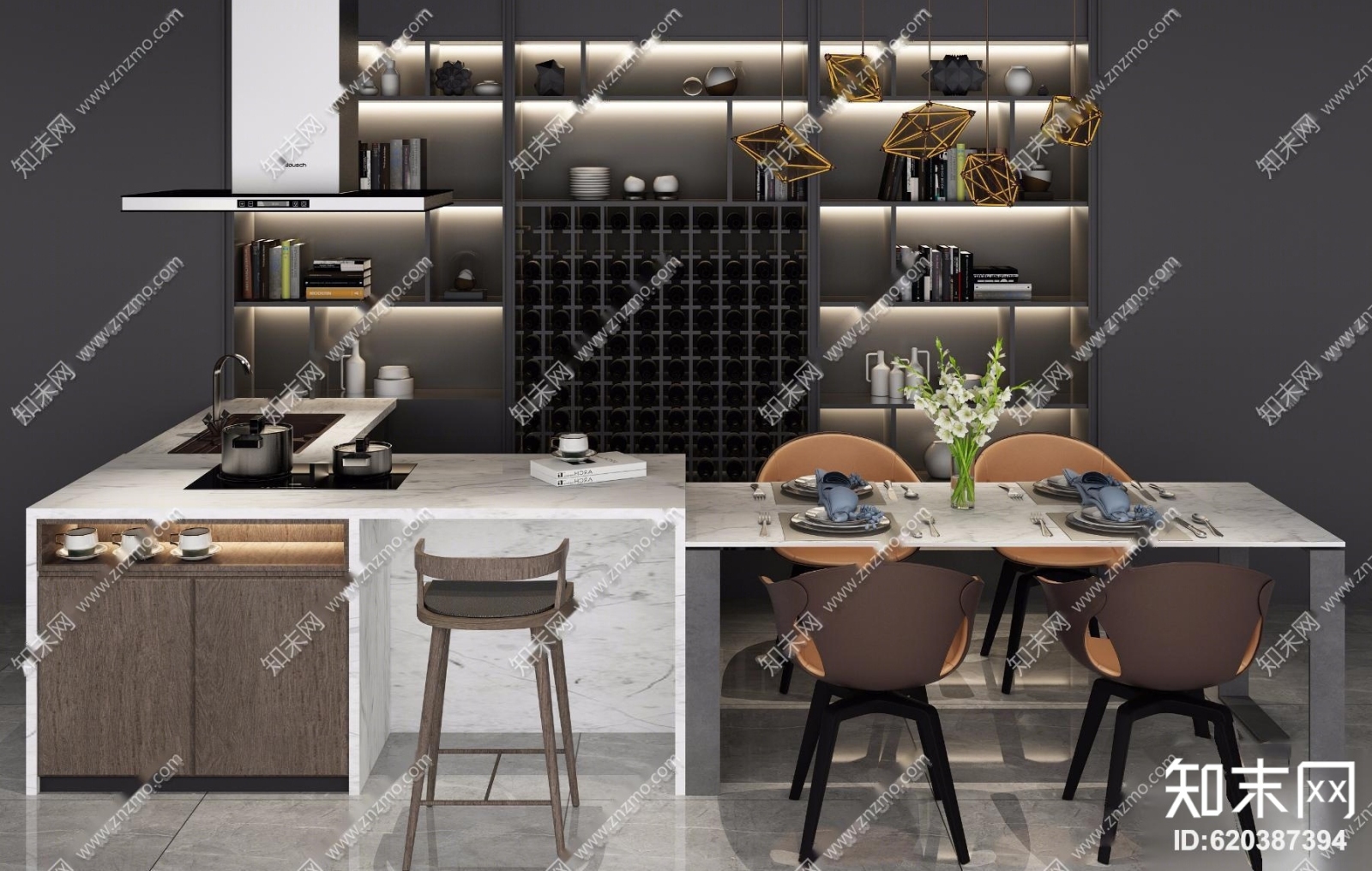 现代吧台酒柜组合3D模型下载【ID:620387394】