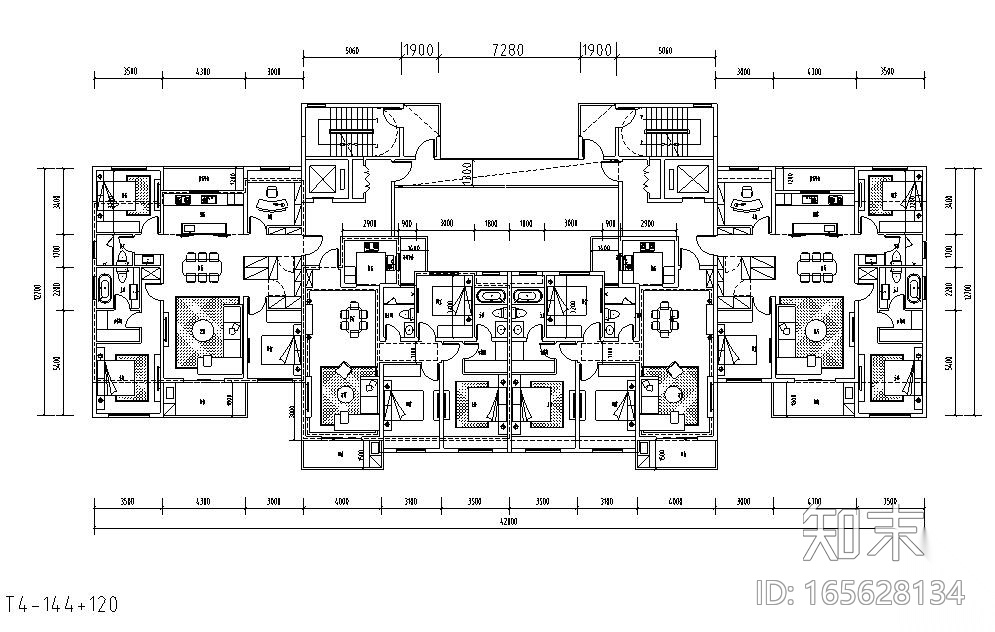 二梯四戶戶型平面圖設計施工圖下載