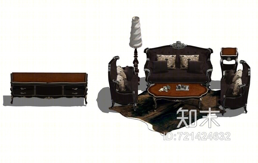 宫廷壹号客厅沙发茶几电视柜组合SU模型下载【ID:721424632】
