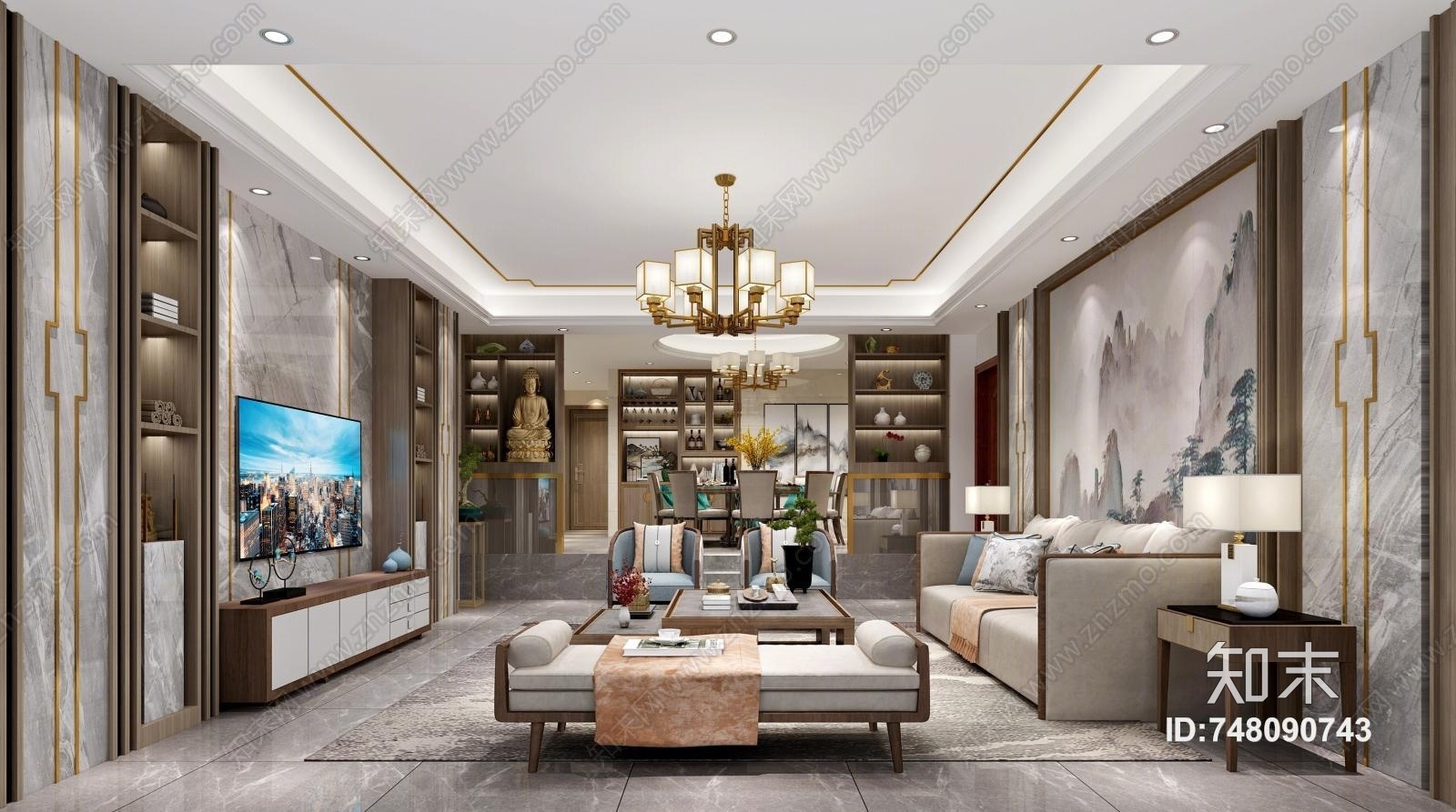 新中式奢华客厅3D模型下载【ID:748090743】