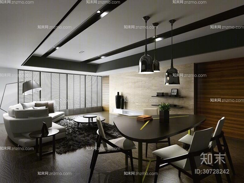 现代黑色木艺餐桌椅组合3D模型下载【ID:30728242】