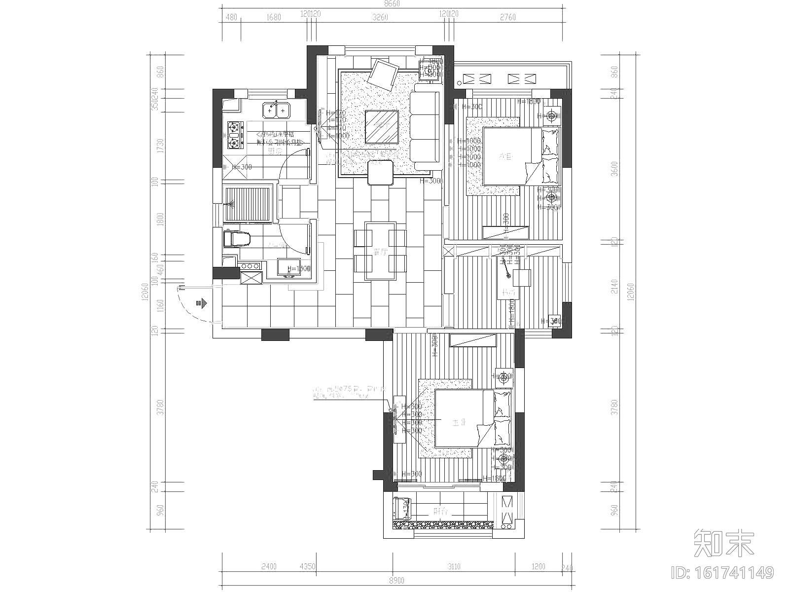 保亿·丽景山两居室样板房室内装修施工图cad施工图下载【ID:161741149】