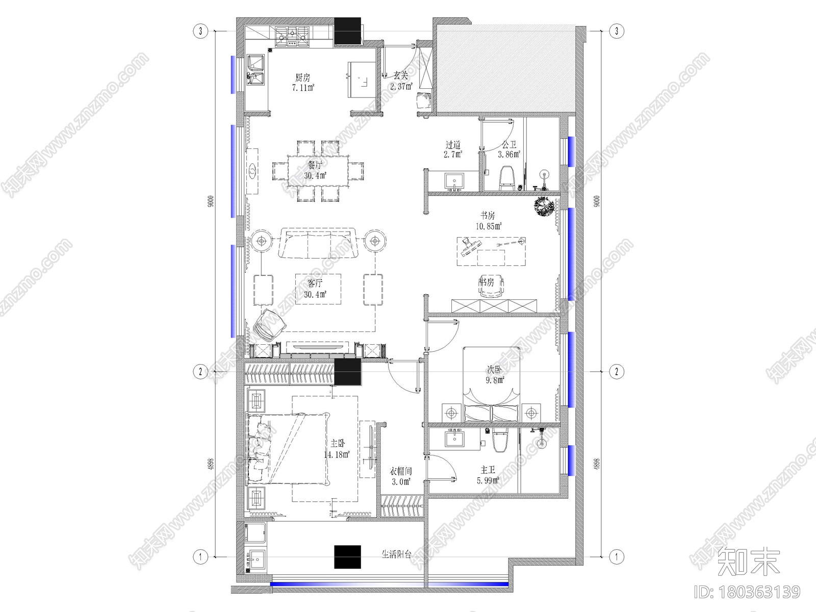 [江苏]120㎡二居室家装样板间装修施工图施工图下载【ID:180363139】