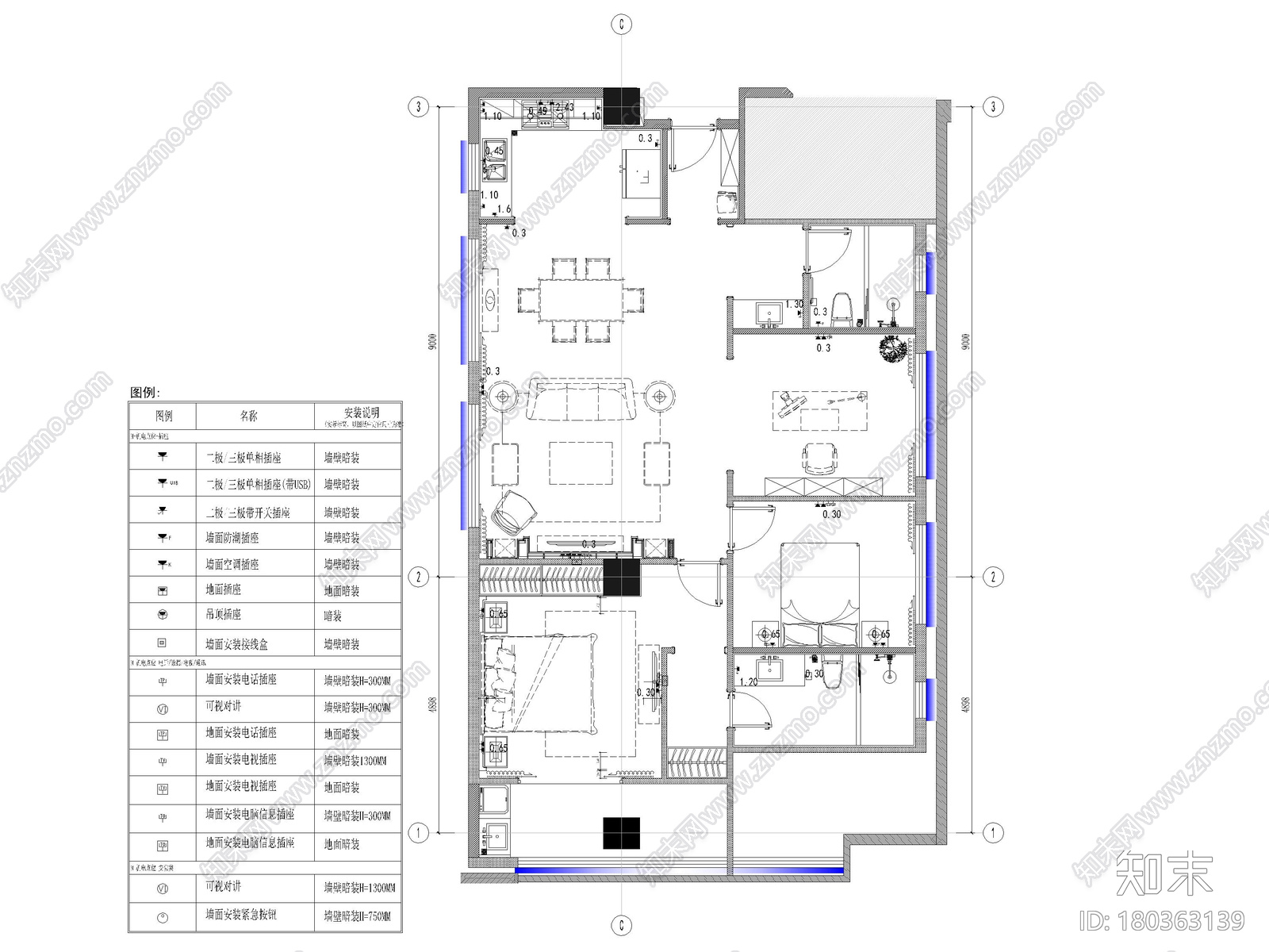 [江苏]120㎡二居室家装样板间装修施工图施工图下载【ID:180363139】