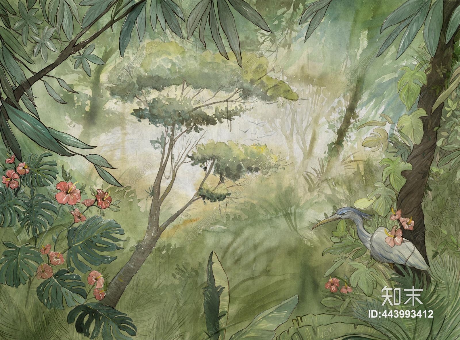 现代简约清新植物森林装饰壁纸壁画贴图下载【ID:443993412】