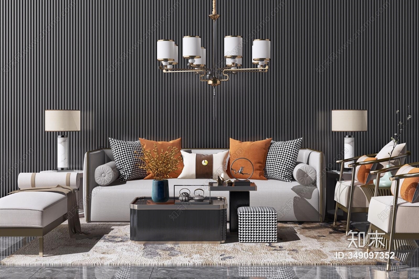 新中式实木沙发茶几椅组合3D模型下载【ID:349097352】