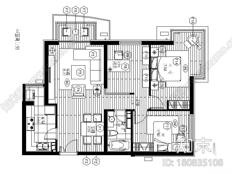 [北京]某高档三居室样板间B型施工图cad施工图下载【ID:180835108】