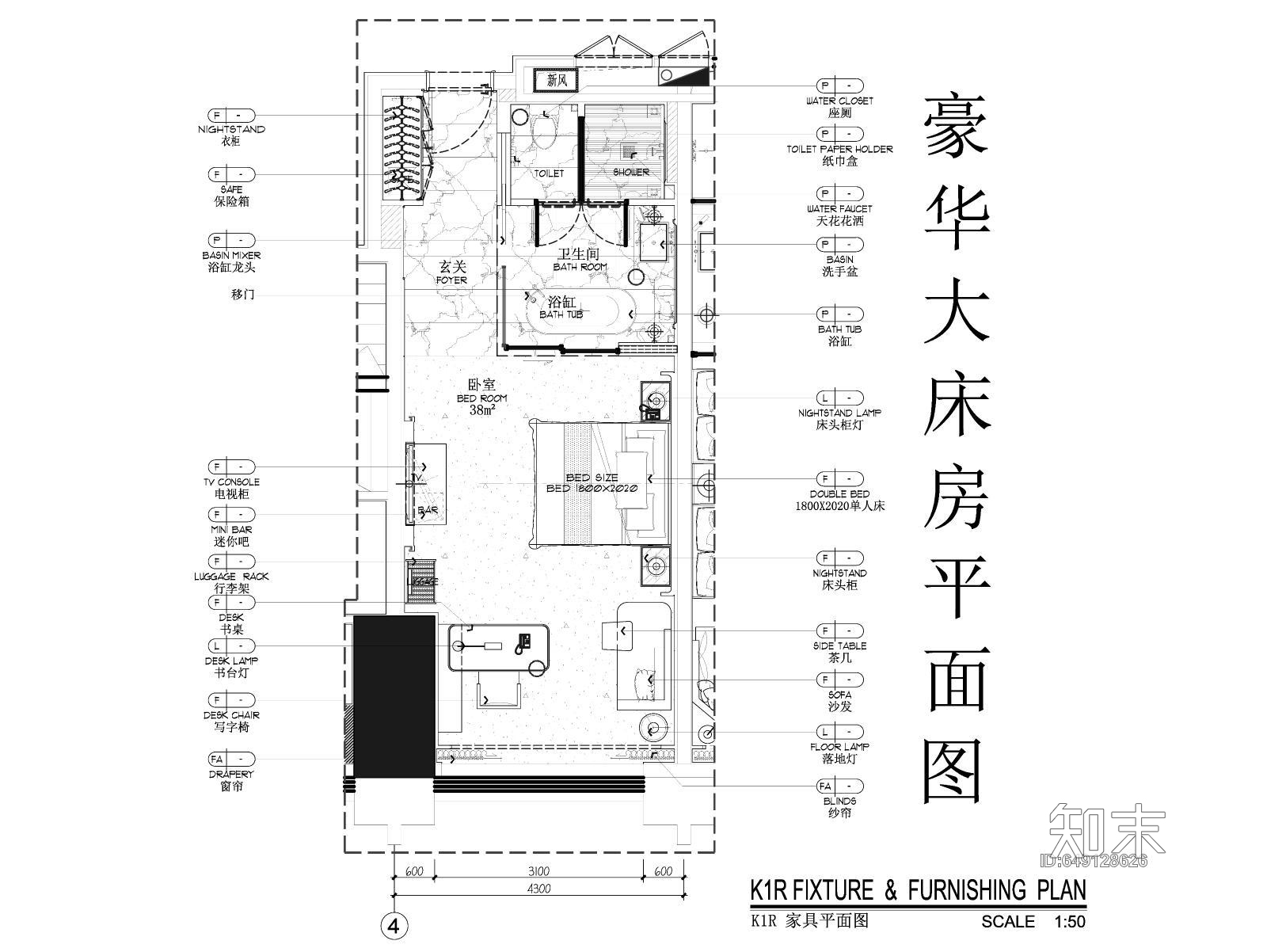 豪华大床房平面施工图施工图下载【ID:649128626】