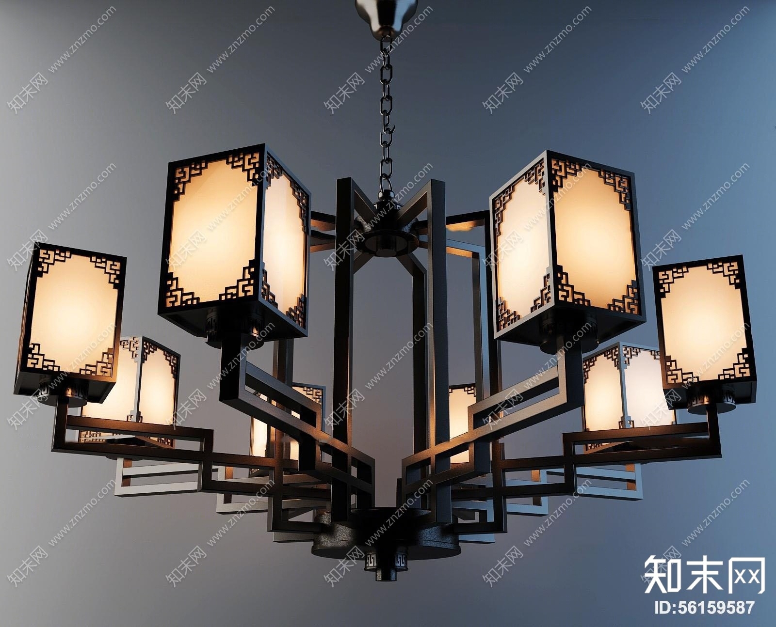 新中式铁艺多头吊灯3D模型下载【ID:56159587】