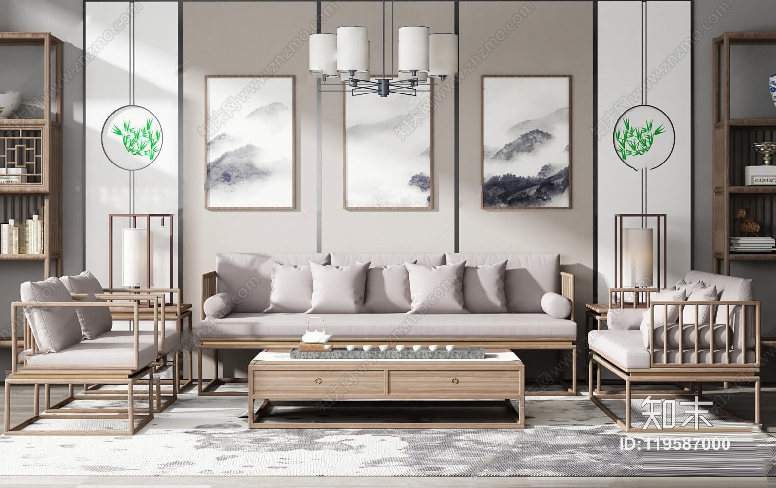 中式沙发茶几装饰架组合3D模型下载【ID:119587000】