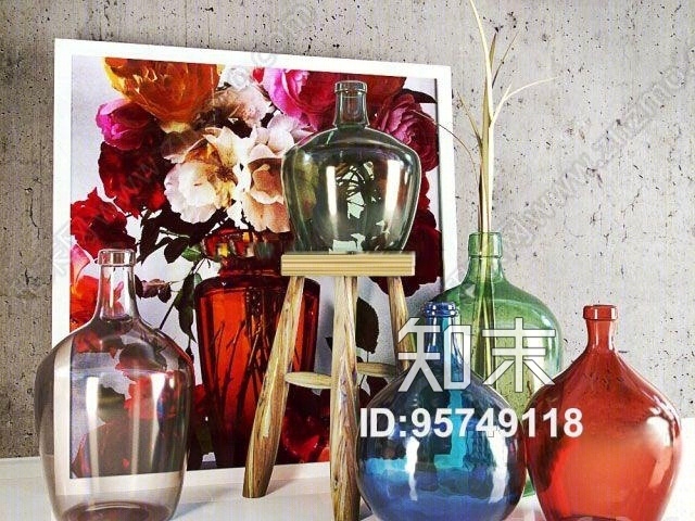 现代抽象画彩色花瓶摆件组合3D模型下载【ID:95749118】