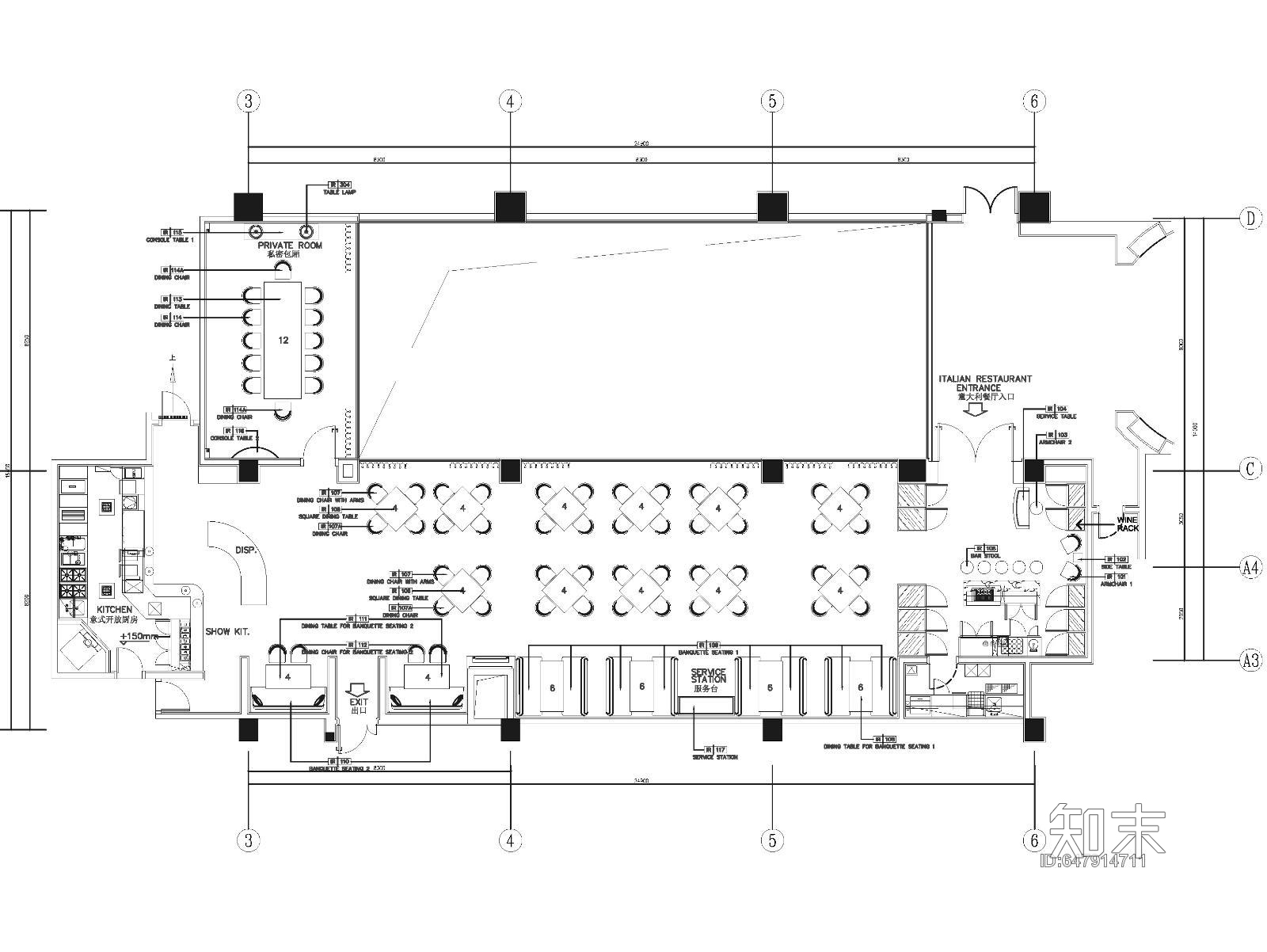 意大利餐厅平面布置图cad施工图下载【ID:647914711】