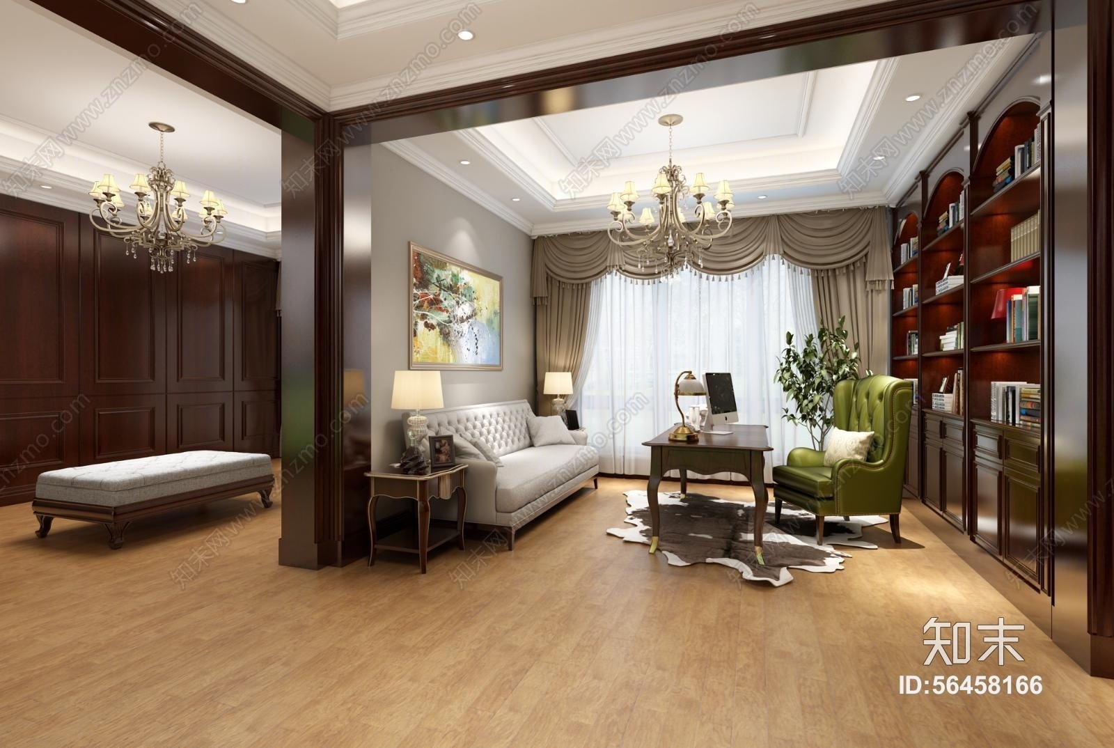 欧式风格书房吊灯书柜书桌椅沙发挂画摆件3d模型 Id 知末3d模型网