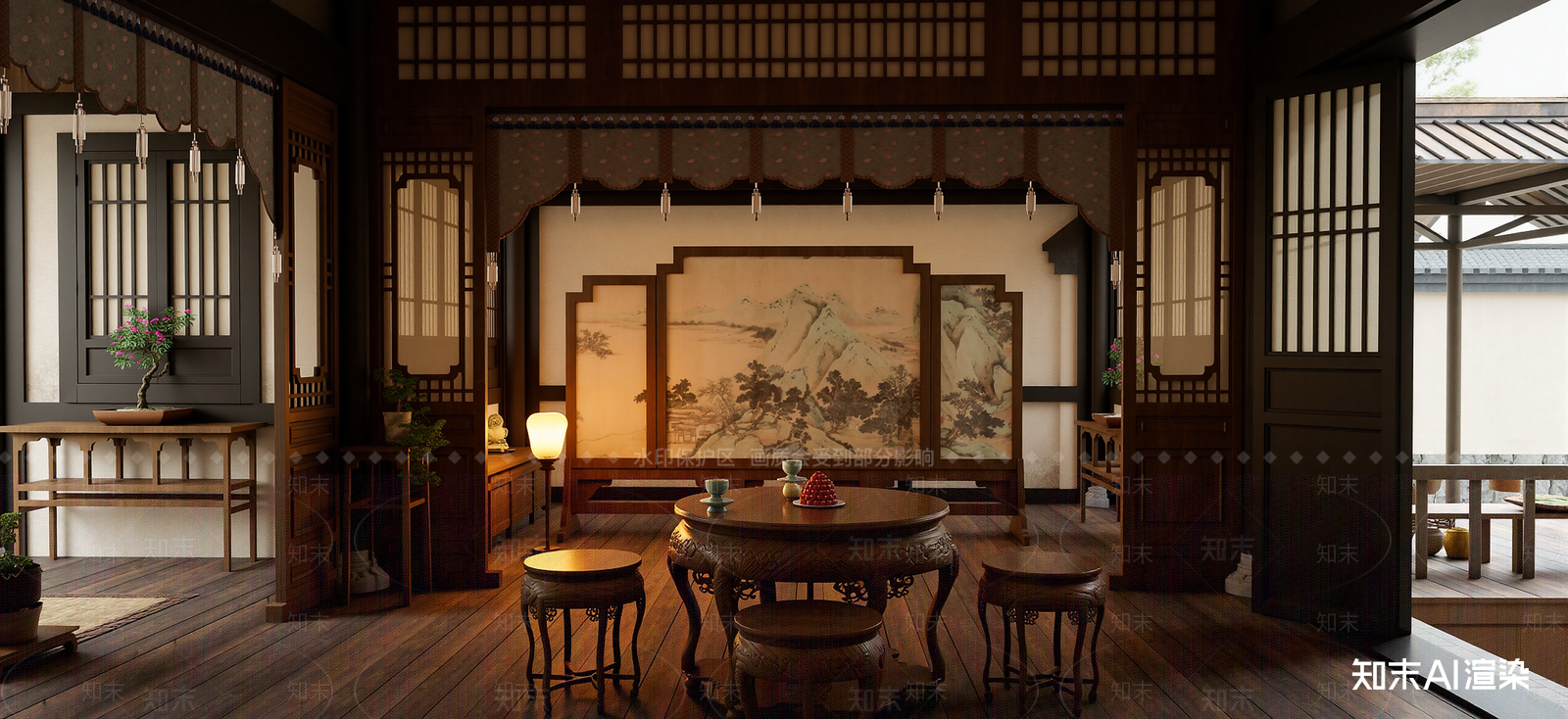 新中式圆桌餐厅SU模型下载【ID:1222254413】