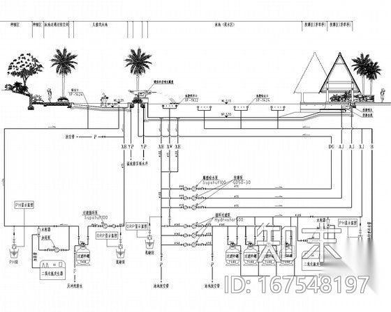 游泳池循环水处理工艺及设备房布置图（水电）cad施工图下载【ID:167548197】