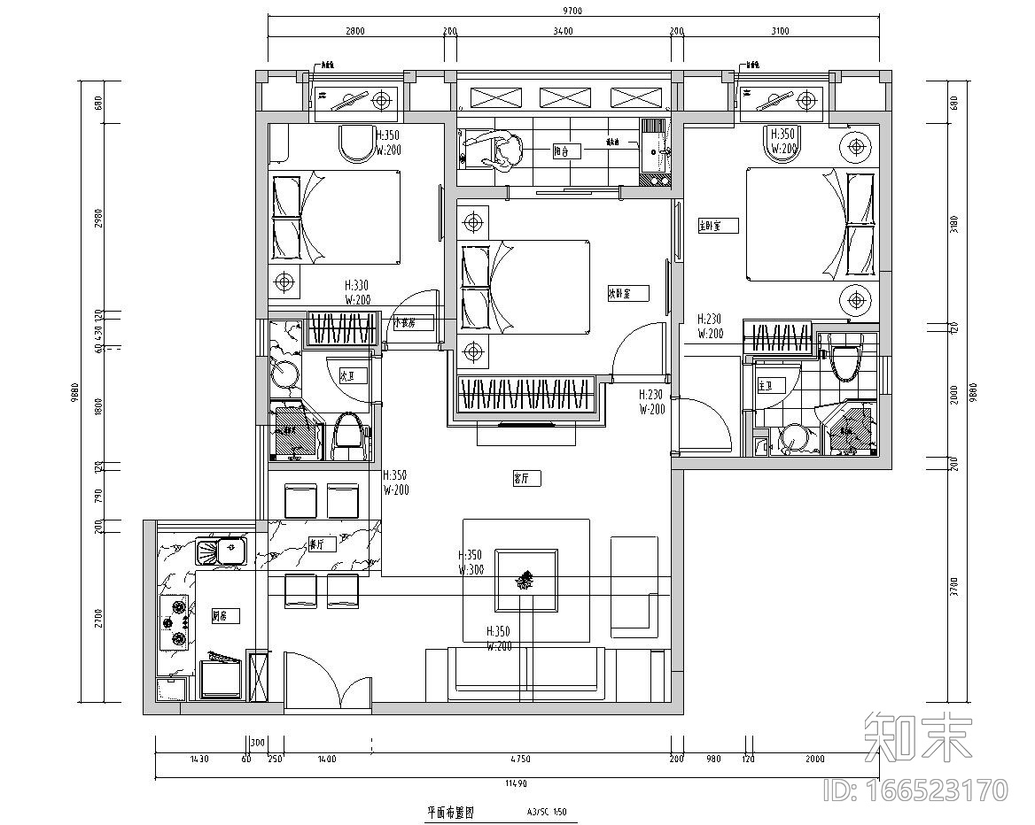 特色样板房施工图设计（现代风格）cad施工图下载【ID:166523170】