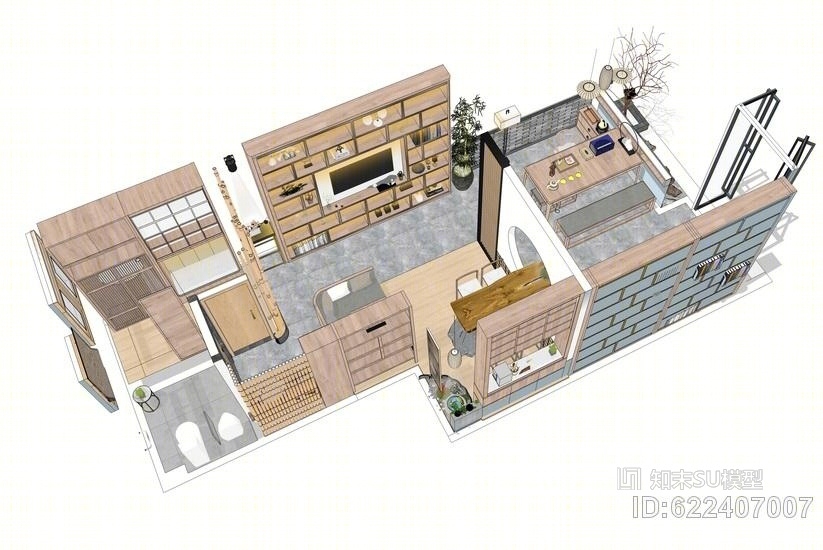 禅意工作室室内设计SU模型下载【ID:622407007】