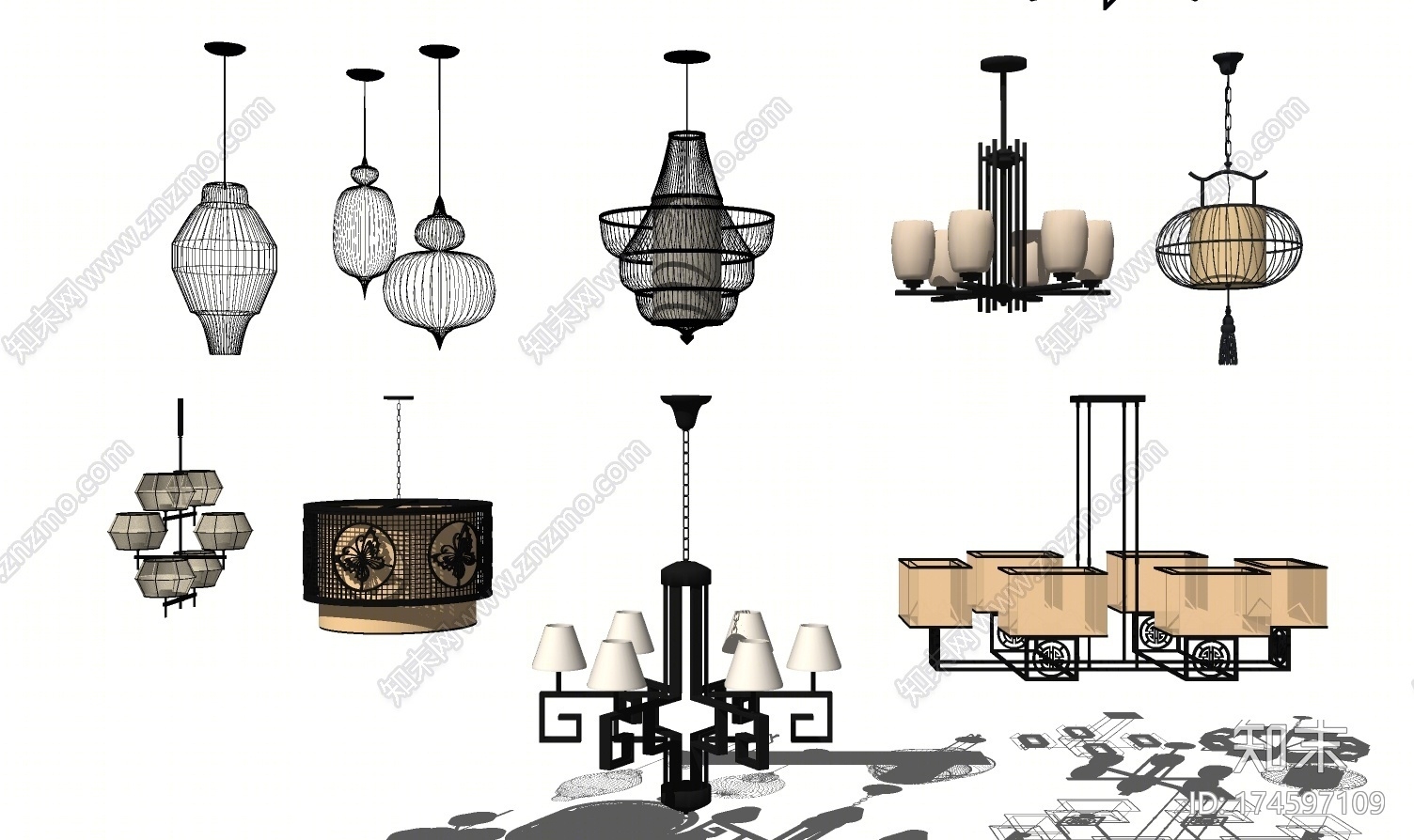 新中式吊灯合集SU模型下载【ID:174597109】