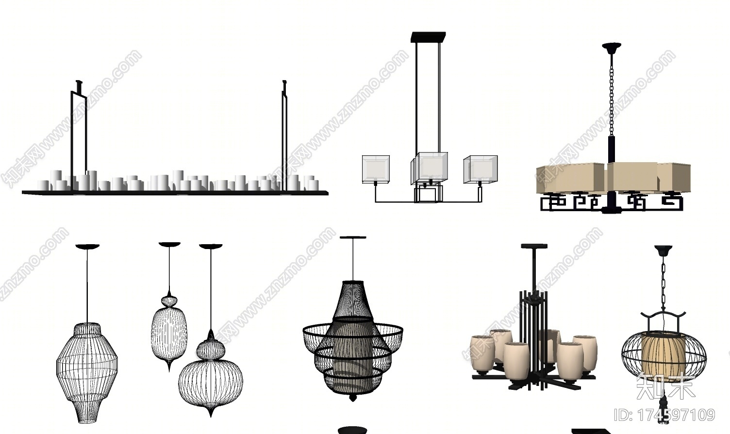 新中式吊灯合集SU模型下载【ID:174597109】
