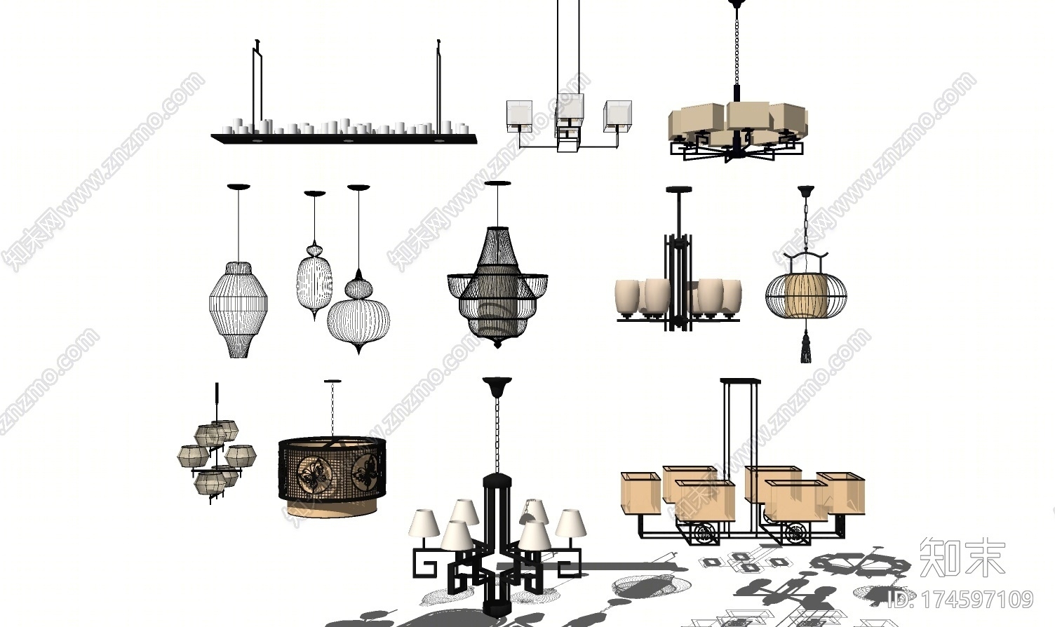 新中式吊灯合集SU模型下载【ID:174597109】