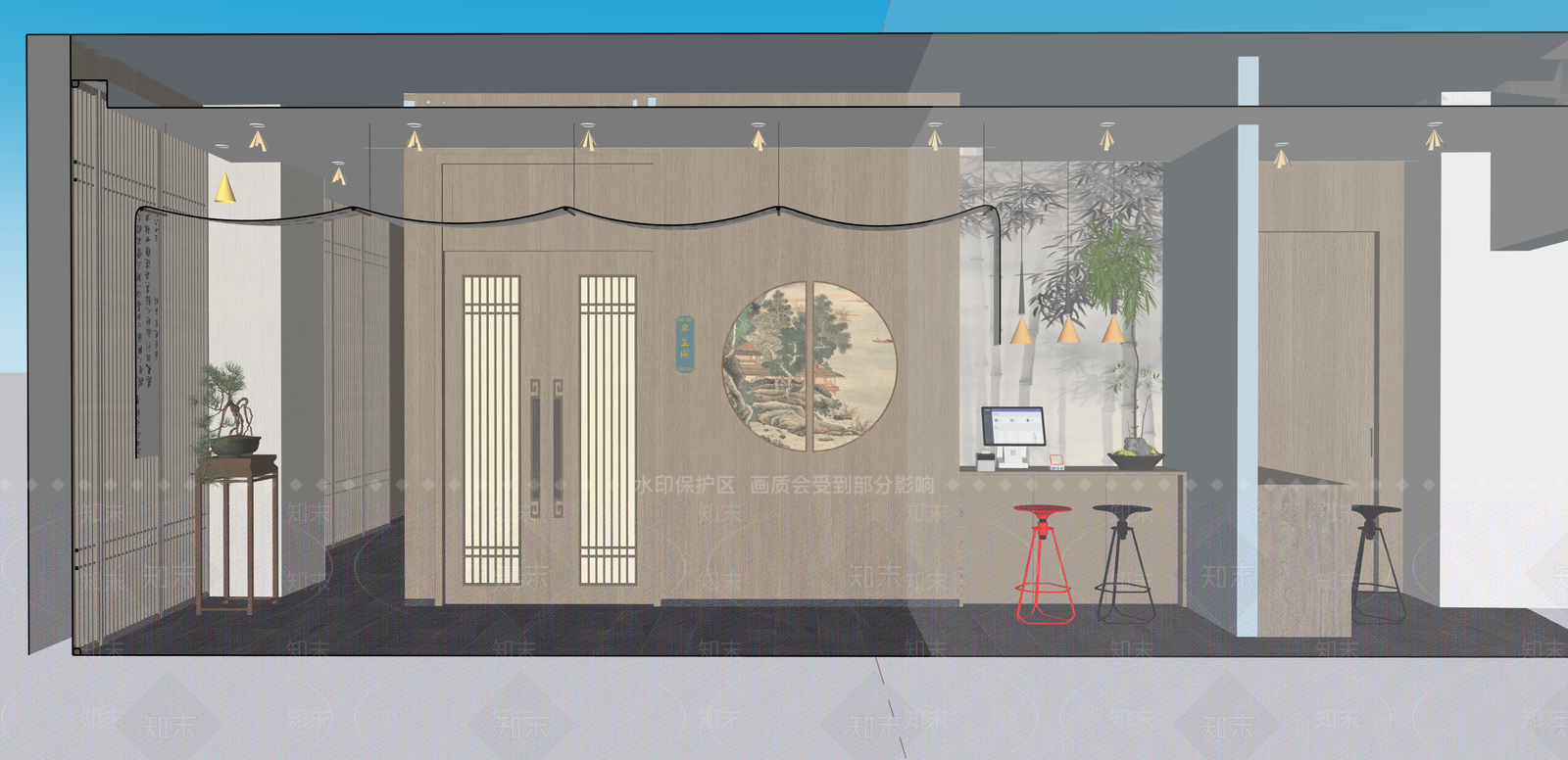 新中式酒店大堂SU模型下载【ID:1215201174】