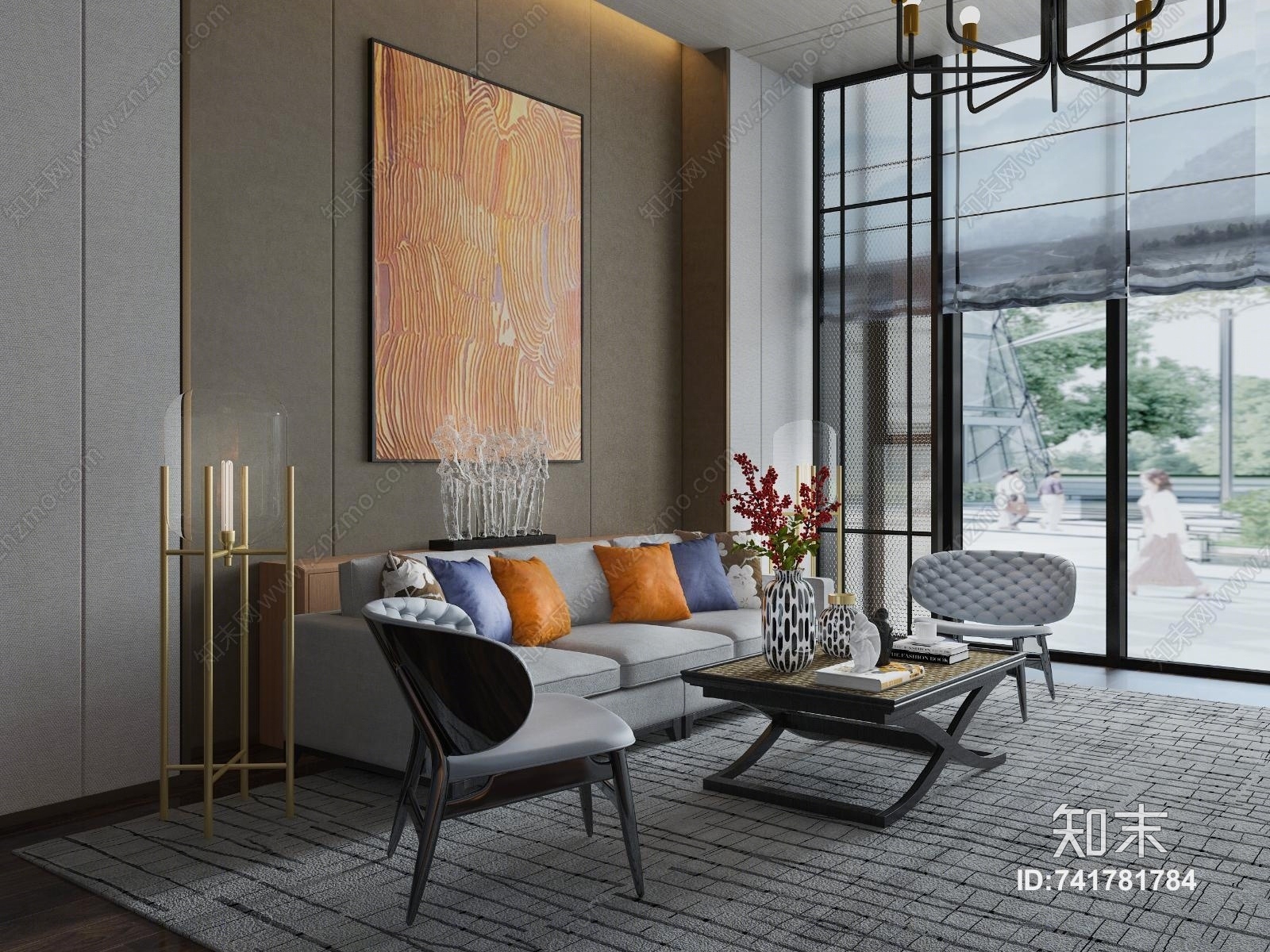 新中式客厅沙发茶几组合3D模型下载【ID:741781784】