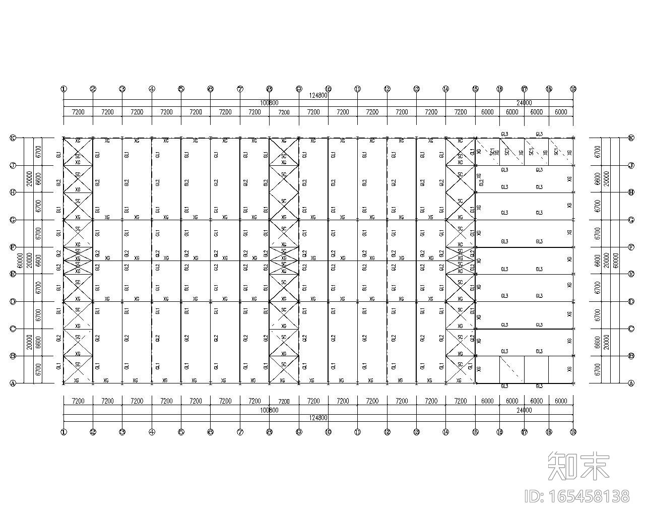 60米多跨钢结构厂房结构施工图（CAD）cad施工图下载【ID:165458138】