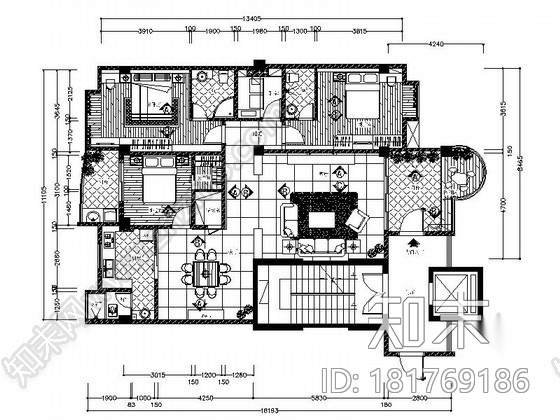 白橡木装饰三室二厅室内装修图施工图下载【ID:181769186】