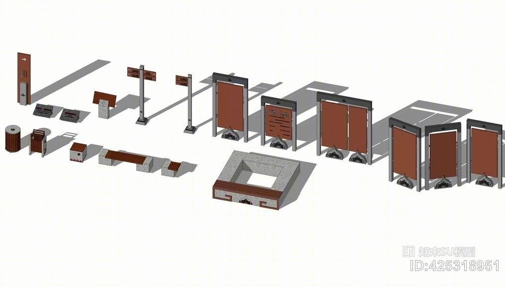 中式标识牌坐凳树池组合SU模型下载【ID:425318951】