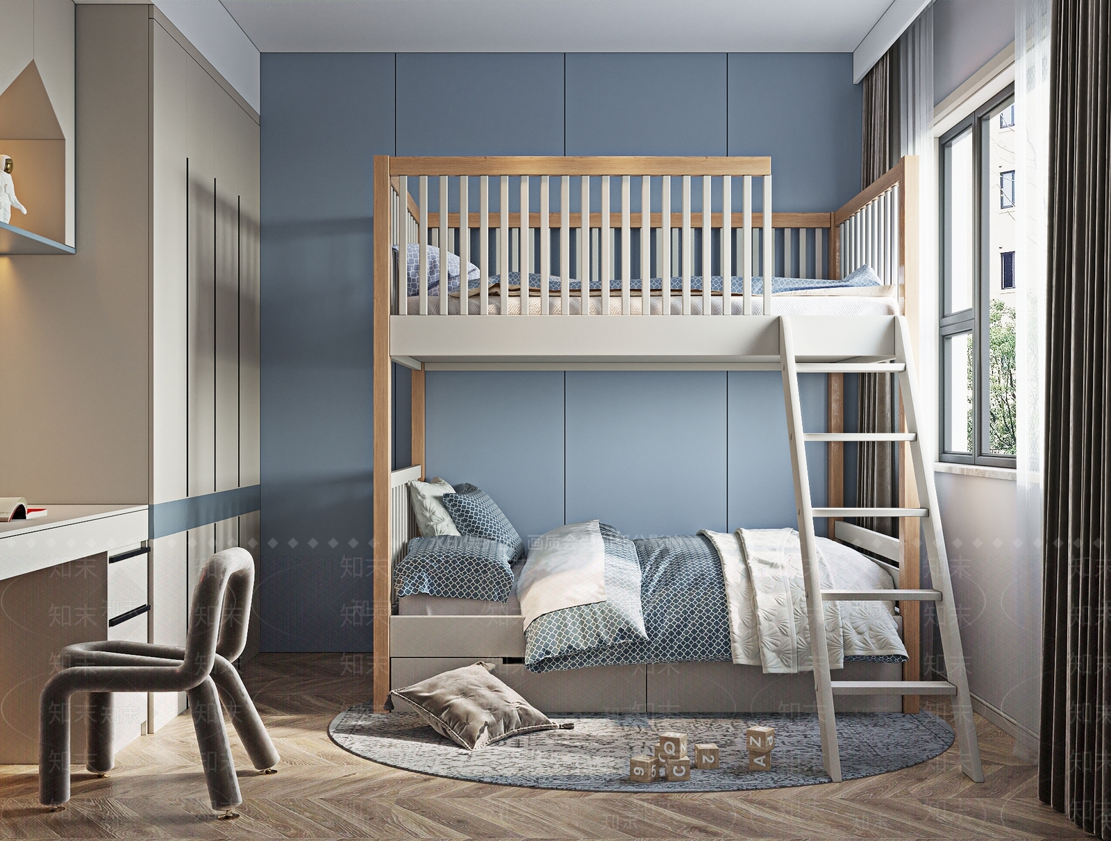 现代上下铺男孩儿童房3D模型下载【ID:198278183】
