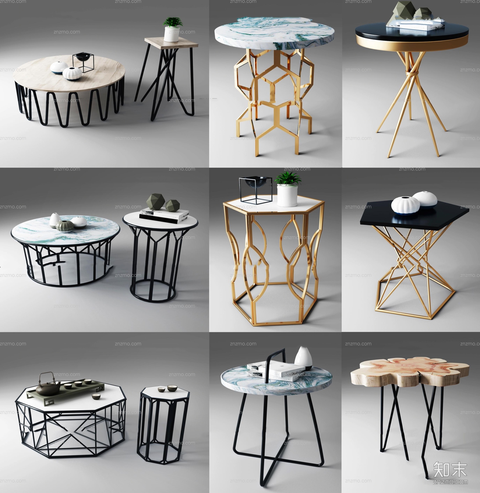 现代角几圆几茶具组合3D模型下载【ID:15205337】