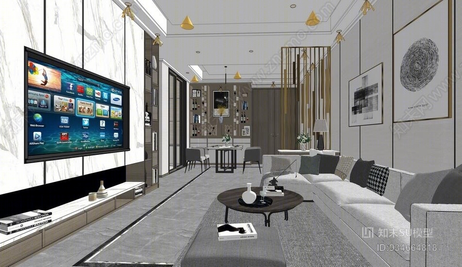 现代客厅餐厅室内设计SU模型下载【ID:934664818】