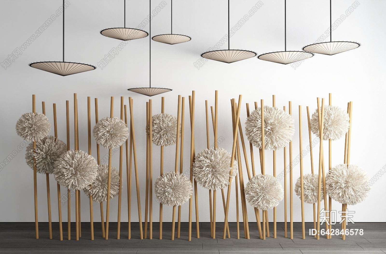 新中式干枝摆件伞状吊灯组合3D模型下载【ID:642846578】